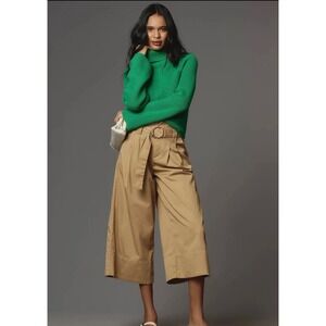 Anthropologie Maeve High-Rise Belted Culottes Wide Leg Khaki Tan Pants 00 NWOT